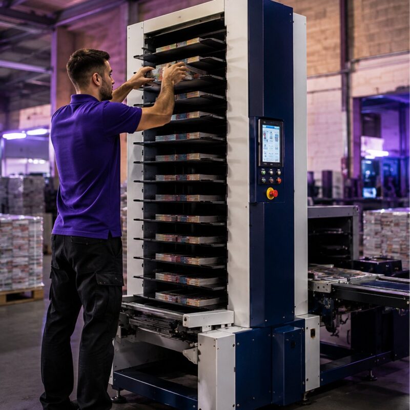 Operator loading flyers into the Duplo Esper DM-230V collation tower