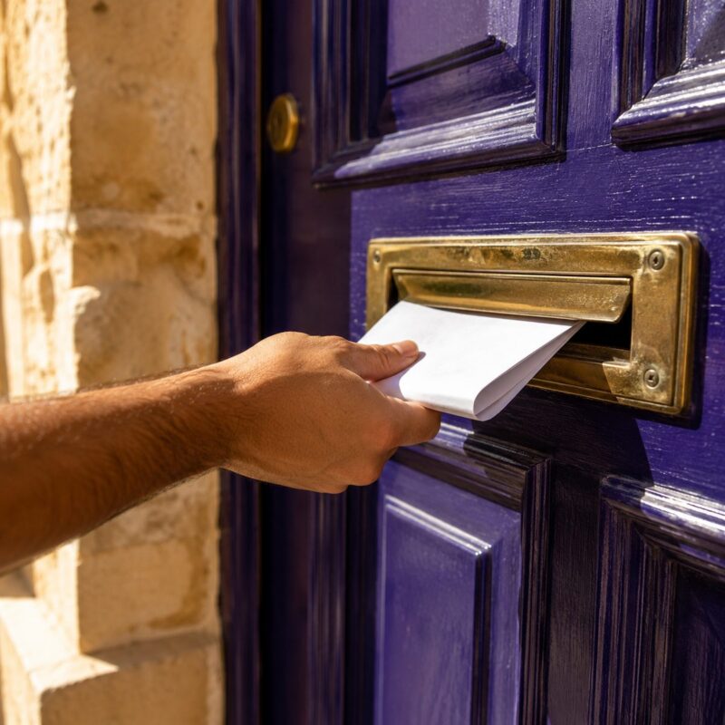 Flyer being posted through the brass letterbox of a traditional purple Maltese front door
