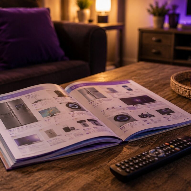 Electronics catalogue open on a living-room coffee table with a TV remote and measuring tape