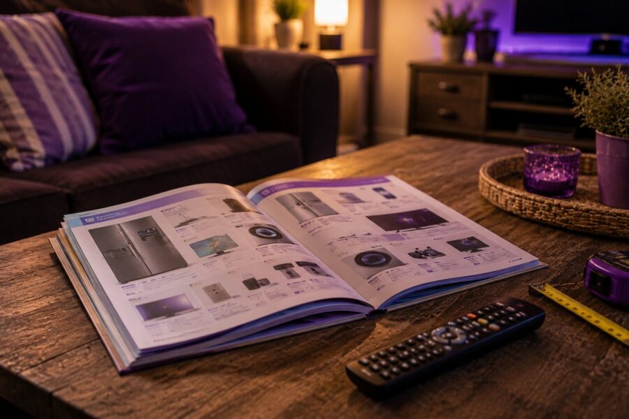 Electronics catalogue open on a living-room coffee table with a TV remote and measuring tape