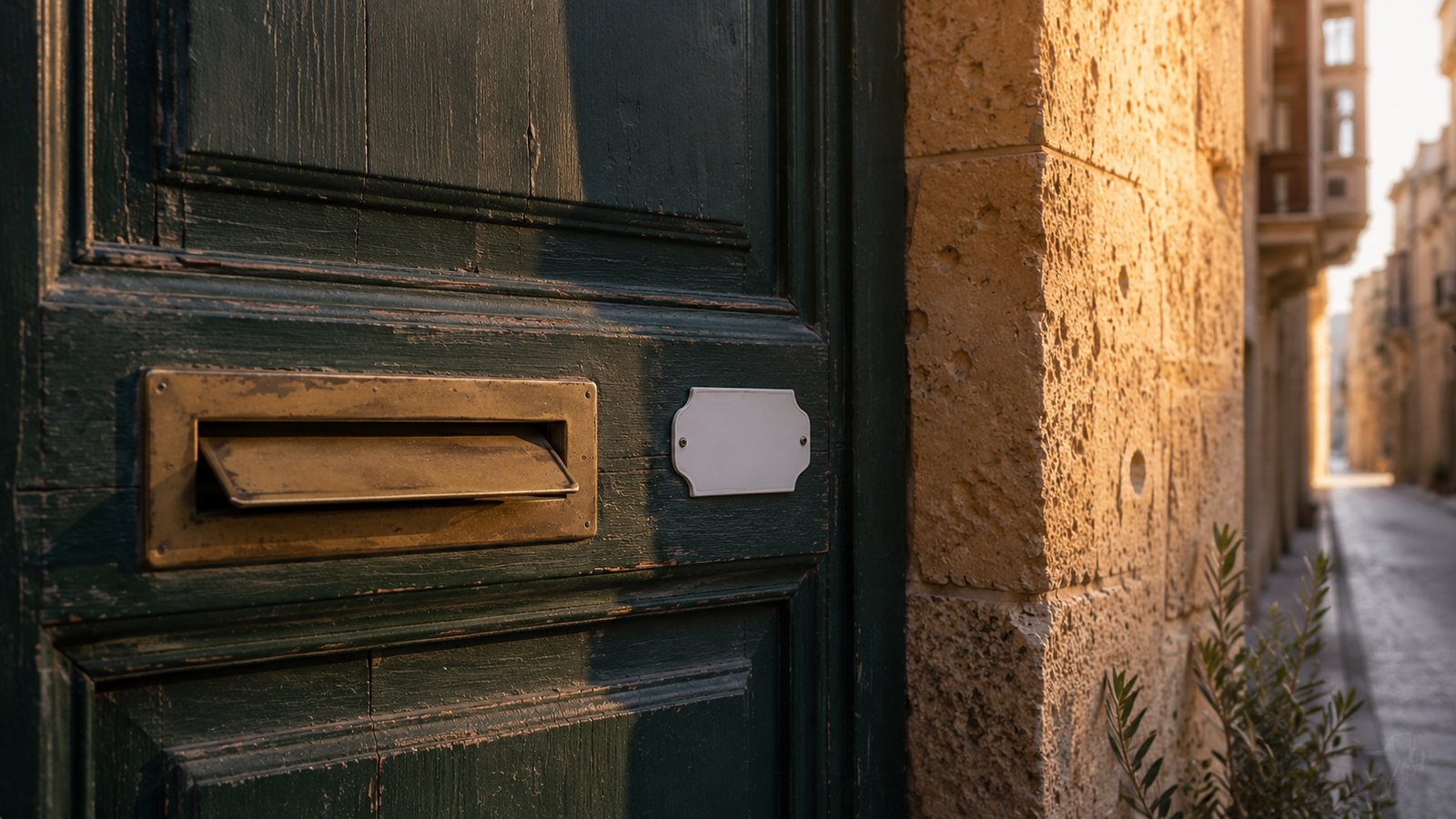 Traditional brass letterbox slot in a weathered green Maltese door with a small blank sticker label beside it