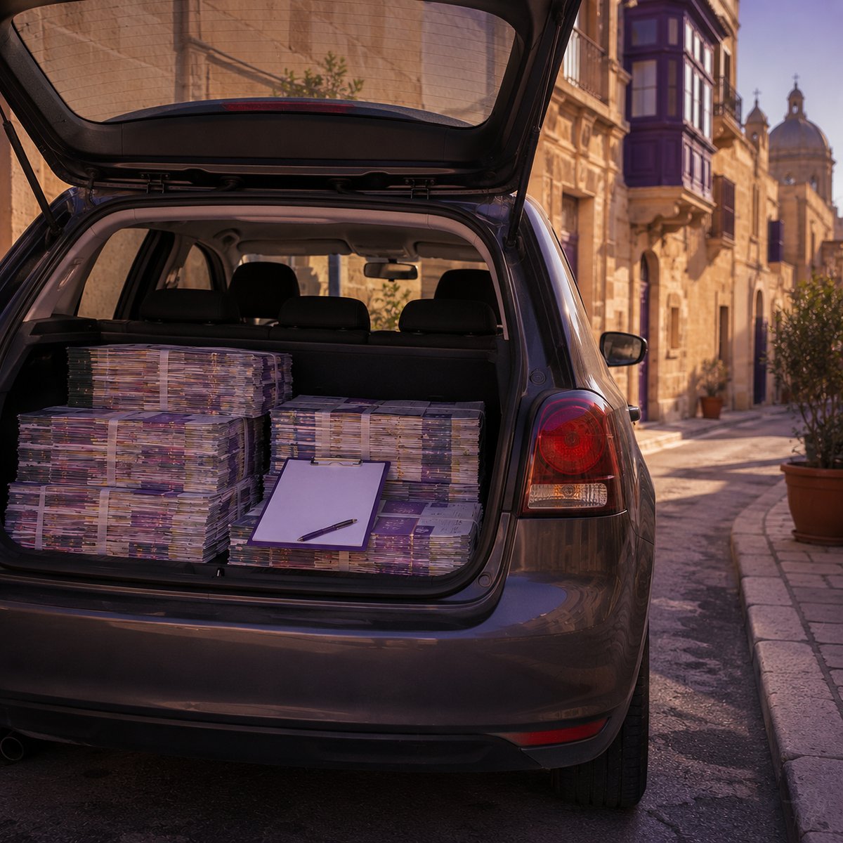Hatchback boot open on a quiet Maltese street, stacked flyer bundles and a route clipboard inside
