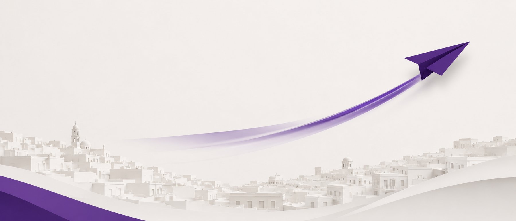 Purple paper plane arcing over stylised Maltese rooftops