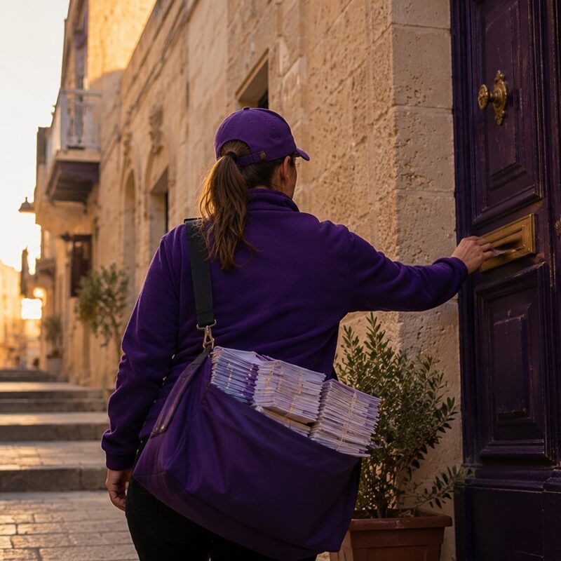 PostPro distributor posting a flyer through a brass letterbox in a stepped Maltese alley