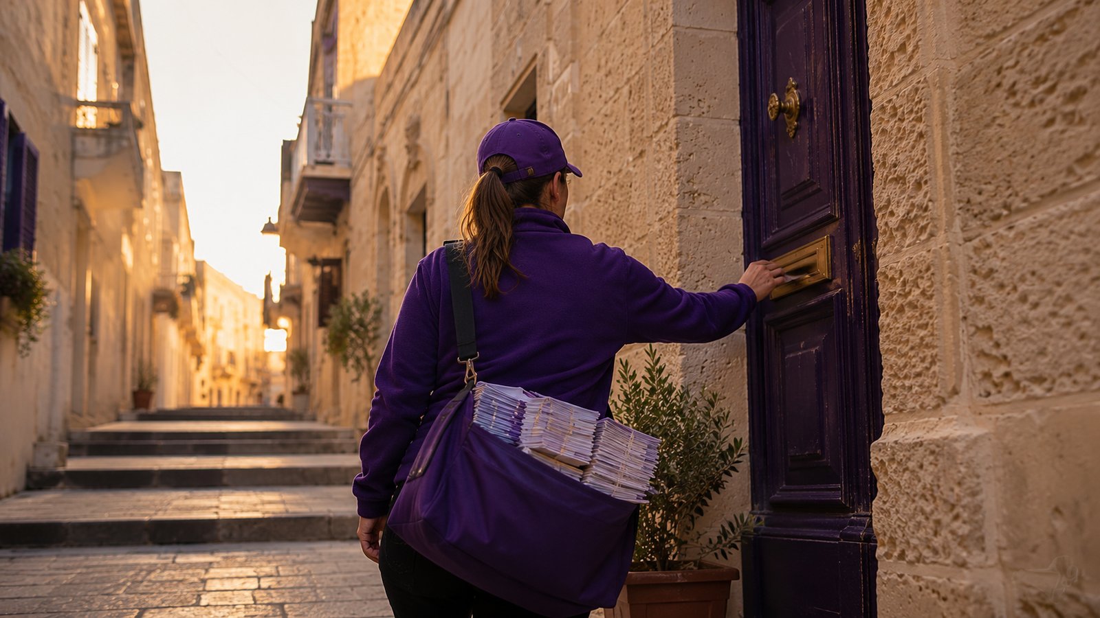 PostPro distributor posting a flyer through a brass letterbox in a stepped Maltese alley
