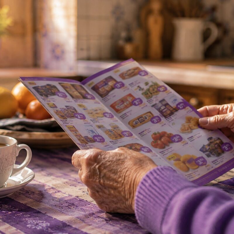 Reading a supermarket offers leaflet at a Maltese kitchen table with morning coffee