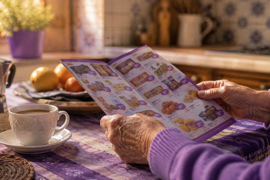 Reading a supermarket offers leaflet at a Maltese kitchen table with morning coffee